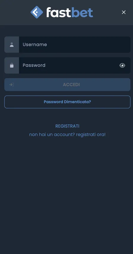Schermata di accesso Fastbet con username e password