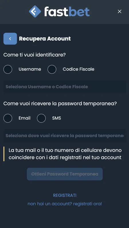 Form recupero password Fastbet con opzioni Username e Codice Fiscale
