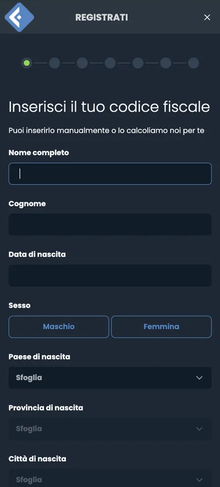 Primo step registrazione Fastbet con codice fiscale